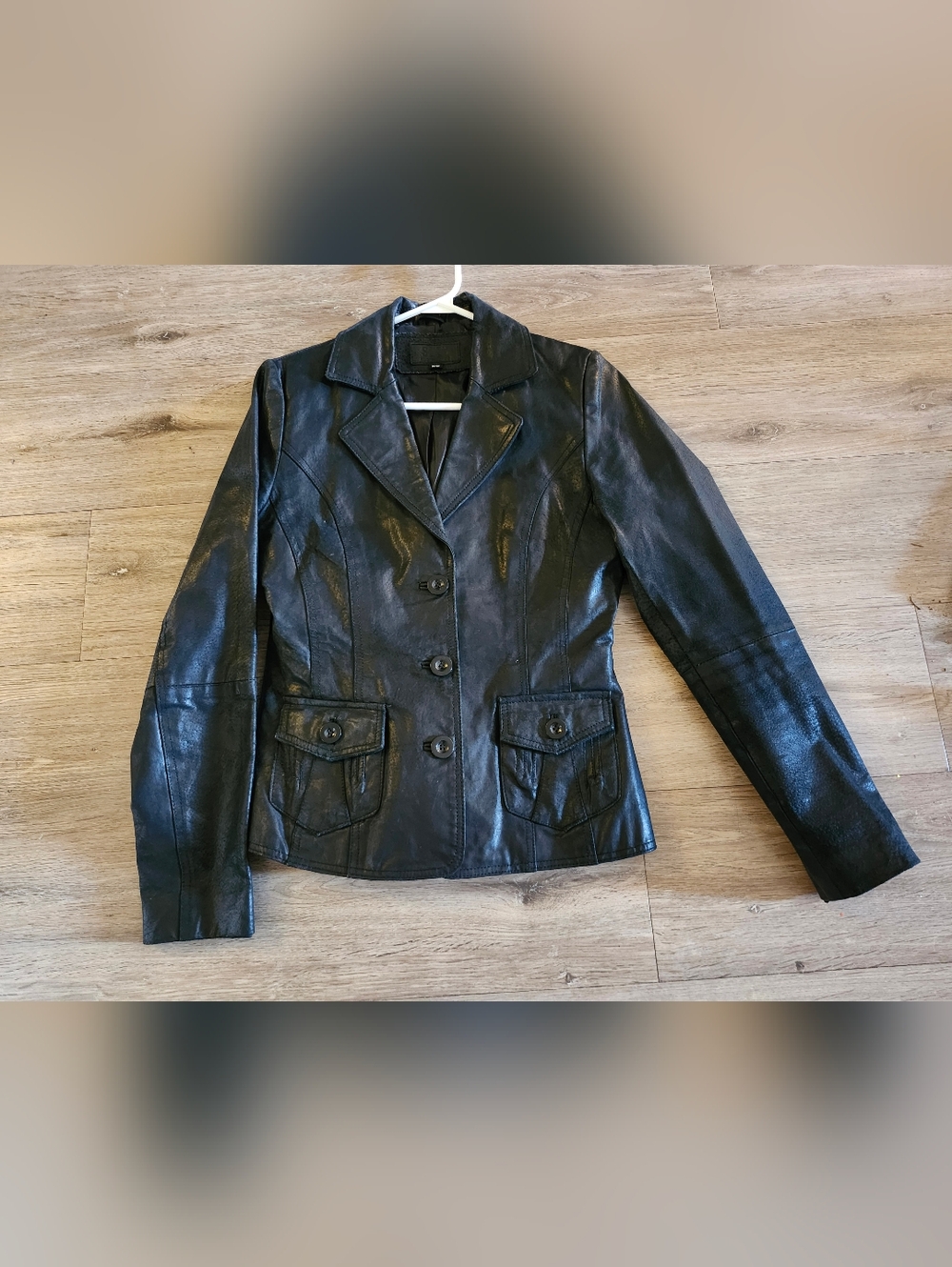 Women’s Vintage Black Leather Button-Front Jacket